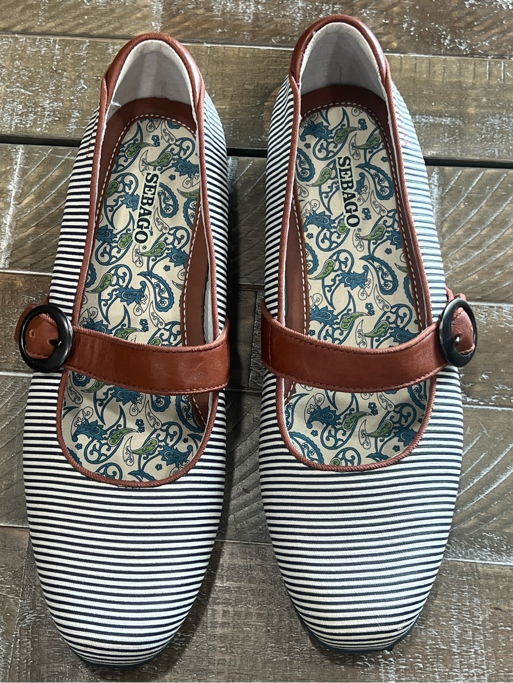 Sebago Women's Navy and White Striped Mary Jane Flats with Brown Trim